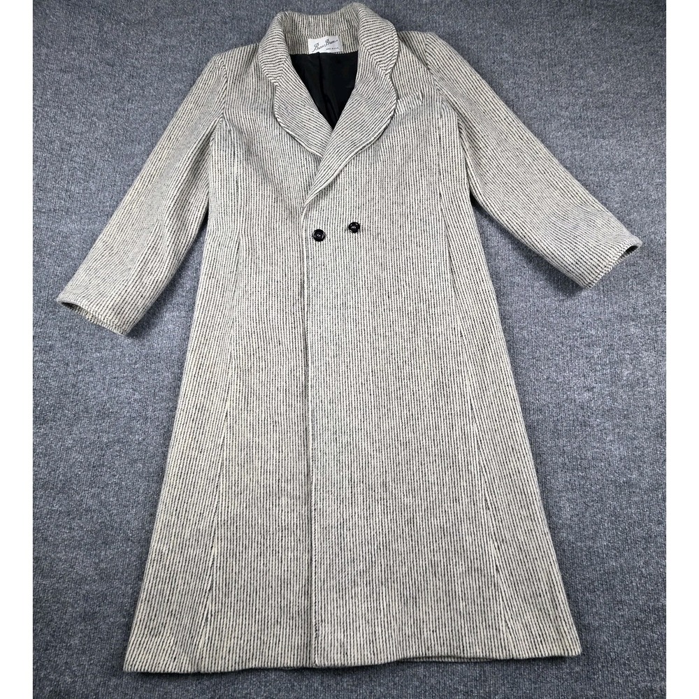 Beau Brem Vintage Wool Trench Coat‎ Women's Large Ivory Black Pinstripe Long USA